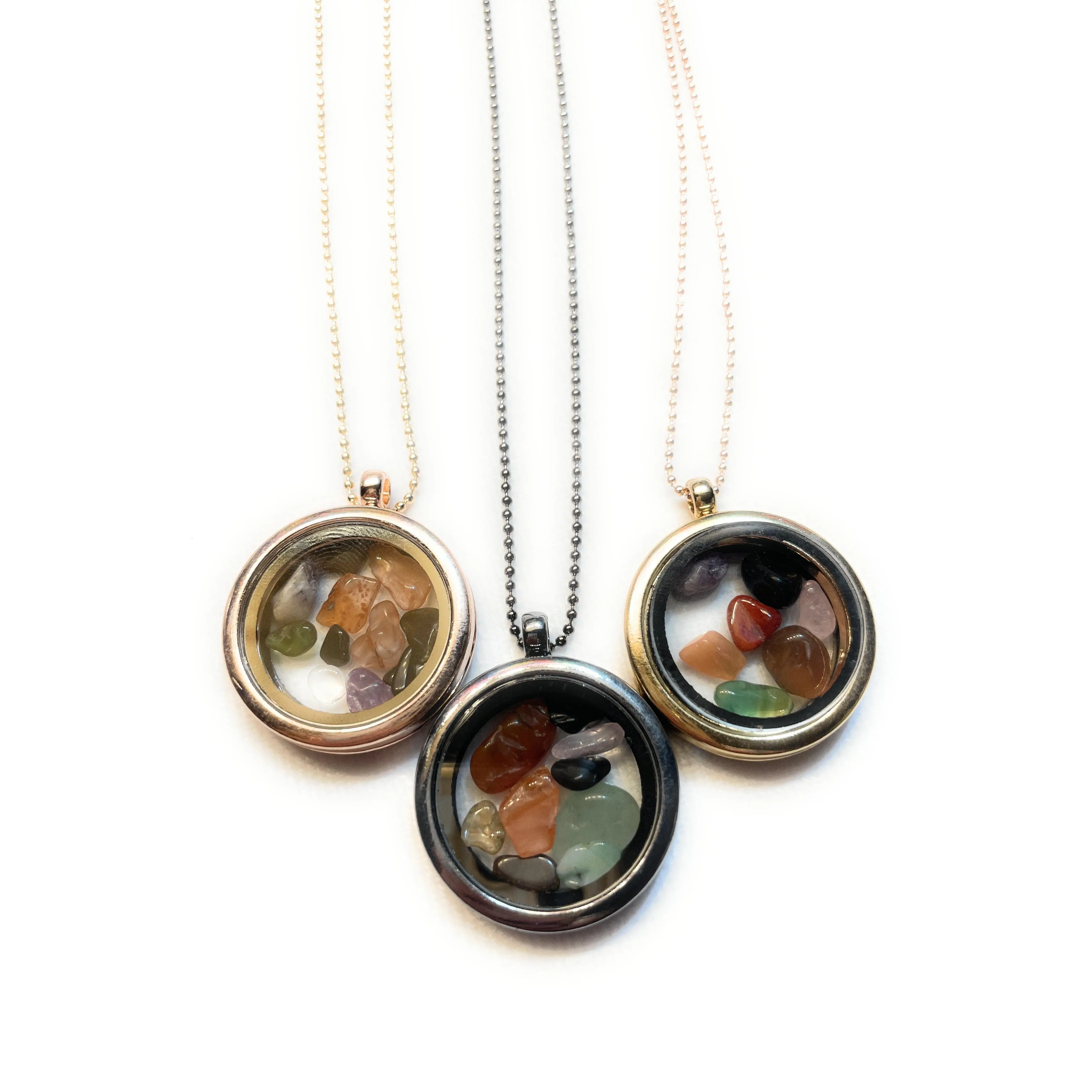 Small Chip Mixed gemstone Crystal Locket Necklace in Gray, Gold, Rose Gold, Silver
