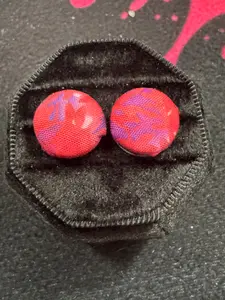 Handmade Crimson Pulse Fabric Button Earrings