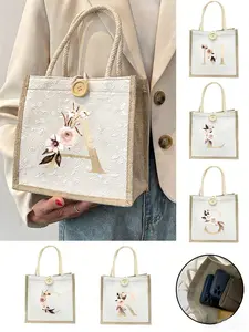 Linen Tote Bag, Small Floral Print Button Tote Bag, Lettered A-Z, Simple and Spacious Tote Bag, Ideal Gift for Girlfriend, Friend, Bridesmaid, Teacher, Suitable for Birthdays, Holidays, Back to School, Travel, Commuting, And Everyday Organization.