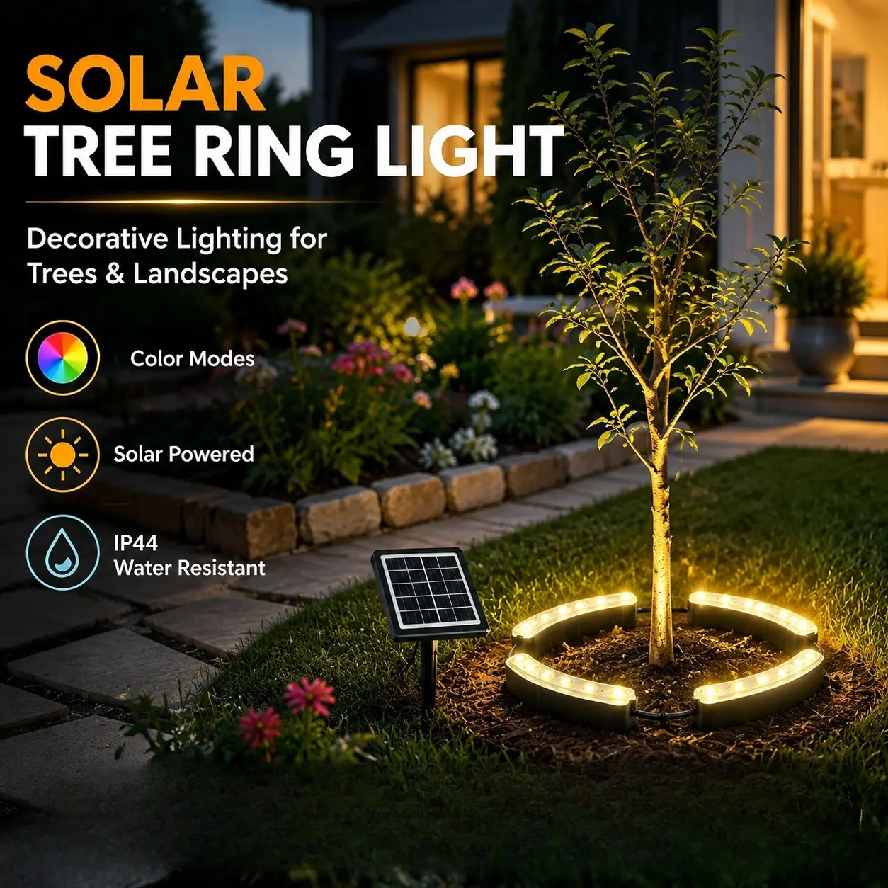 Outdoor Solar Tree Ring Uplights, Warm White & Color Modes, Waterproof Landscape Lighting for Backyard Patio, Easy-Install Home Improvement Decorative Lamp