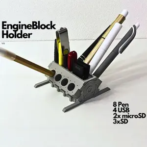 YingMiao shop This 3D-printed engine block pen and business card holder mini engine kit holds 8 pens, 4 USB ports, 2 microcards, and 3 SD cards, making it a perfect gift for your boyfriend.