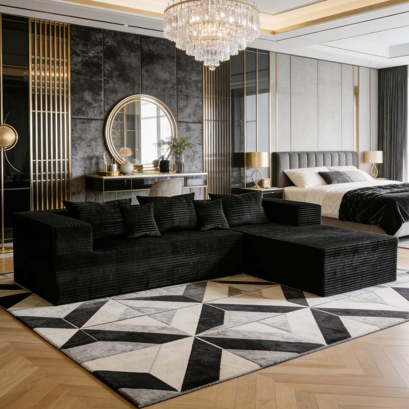 【2 Packages Shipping】Boneless Compression Sofa Bed - Modular Sofa, 105-inch Extra Large L-shaped Corner Sofa, No Assembly Required, Space-Saving, Memory Foam Seating, Suitable for Living Room and Bedroom, Black