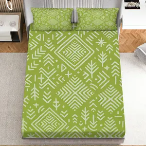 3Pcs Green Geometric Tribal Fitted sheet Three Piece Set (1*Fitted Sheet+2*Pillowcases, Coreless), Christmas theme, Aztec Bedding Set, Mattress protector Soft, Breathable