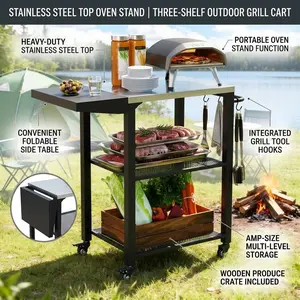 Elon Outdoor Grill Cart with Stainless Steel Top BBQ Prep Table Three Shelf Pizza Oven Stand Foldable Side Table Heavy Duty Patio Rolling Utility Cart with Storage Hooks for Backyard Cooking Station and Entertaining