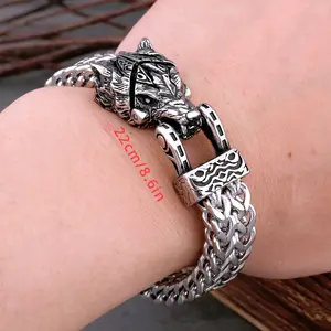 New Style Viking Dominant Wolf Head Stainless Steel Bracelet - Unisex Fashion Rock Wristband Charm Accessory, Christmas Gift