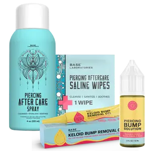 Base Laboratories Complete Piercing AfterCare Collection with Saline Hypochlorous Acid Spray, Bump Treatment Oil, and Keloid Scar Care for Healthy Piercings