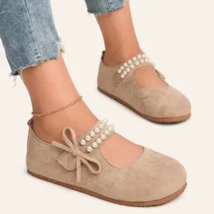 Women’s Pearl Strap Mary Jane Flats, Round Toe Comfortable Slip-On Shoes, Non-Slip Casual Ballet Flats for Everyday and Party Wear