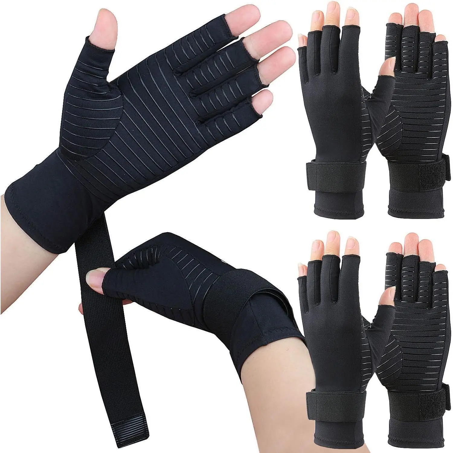 2 pairs of copper arthritis gloves for carpal tunnel pain relief—compression gloves with adjustable strap that alleviate hand pains; fingerless computer typing gloves for rheumatoid women and men (large/extra large)