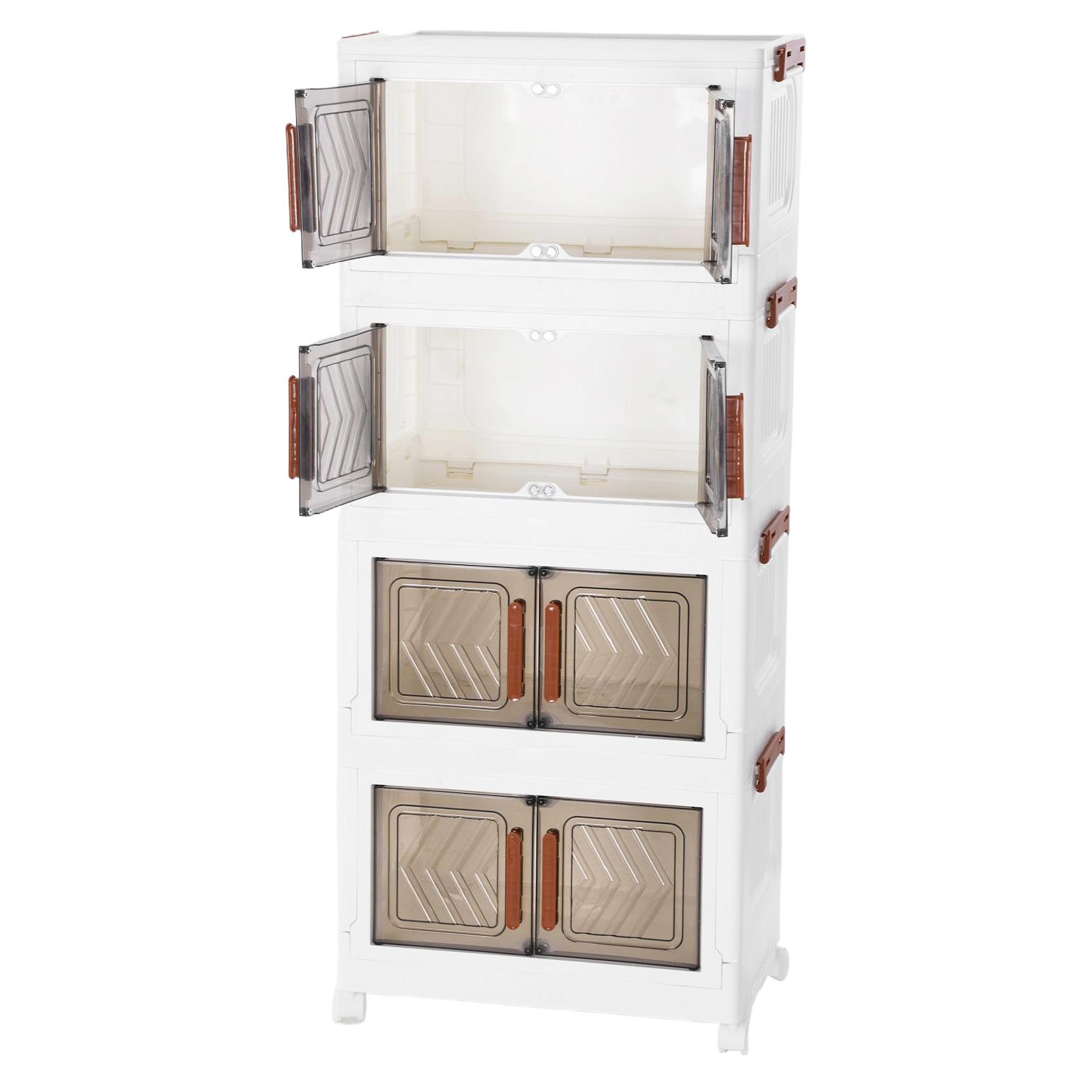 4 Tier Collapsible Storage Bins with Doors & Wheels Stackable Closet Organizers (Clear White)