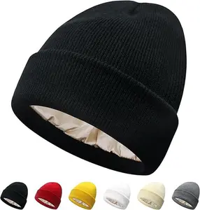 Satin Lined Anti-Static Winter Beanie Silk Lining Soft Winter Hats Reduce Frizz Knit Beanies Warm Skull Cap