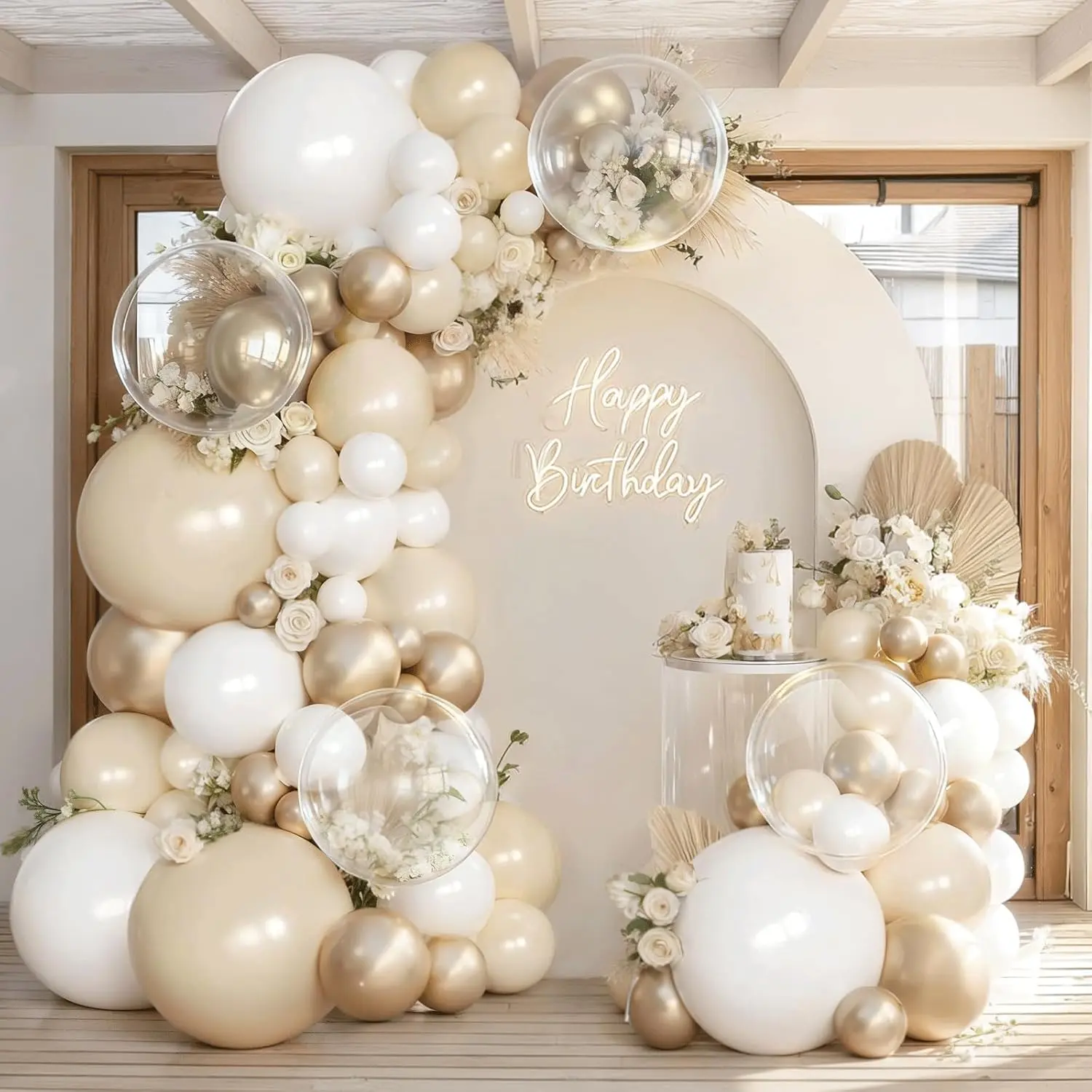 White and  Balloons Arch Kit, 128 count  and White Balloons Garland with Chrome  White Sand Beige Cream Balloons Garland Kit for Wedding Bridal Shower Birthday Party  Decorations