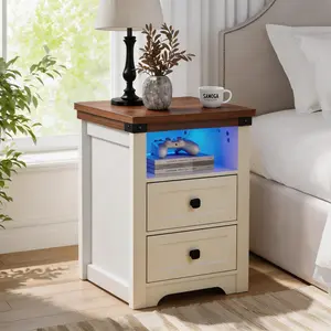 Fahuac White Farmhouse Nightstand Furniture - 2 Drawers, Open Shelf, Antique Rustic Bedside Table with Charging Station, USB Ports, AC Outlets for Bedroom, Living Room