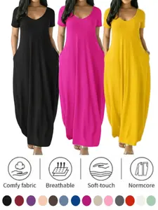 2026 Women's Long Nightgown, Coffee Color, Casual Round Neck, Short Sleeve, Pocket Sleepwear, Soft & Comfortable, All-Season Loungewear