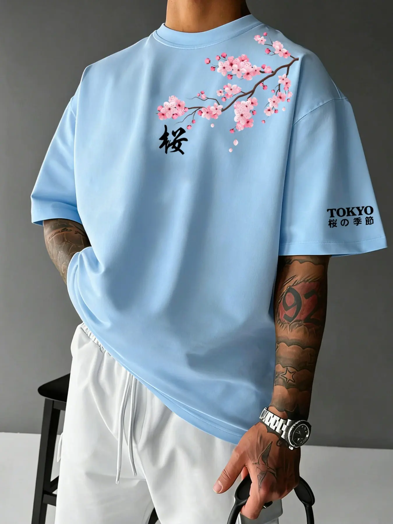 Men's Tokyo Cherry Blossom Graphic Print Oversized Short-Sleeve T-Shirt, Casual Japanese Streetwear Loose Fit Breathable Tee for Summer