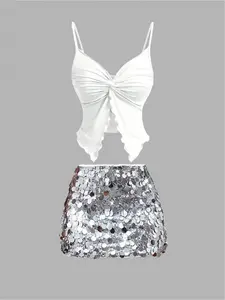 Women's Front Knot Design Strapless Sleeveless Bodycon Top Sequin Skirt Set, Casual Fitted for Party, Fall & Winter Fashion Outfit Womenswear