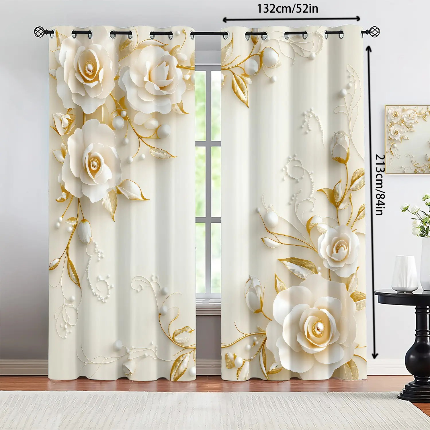 Floral Pattern Curtain Set, 3D Printed Curtains with Ring Grommets, Polyester, Ideal for Living Room Bedroom Balcony