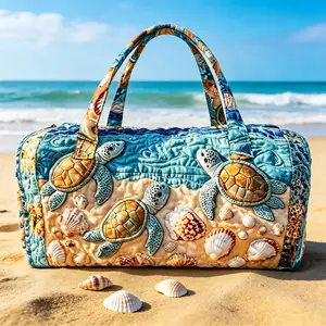 Quilted turtle travel bag, ocean shell beach high-definition printed luggage bag, large capacity ocean themed sports and fitness bag, summer vacation hand-held travel bag