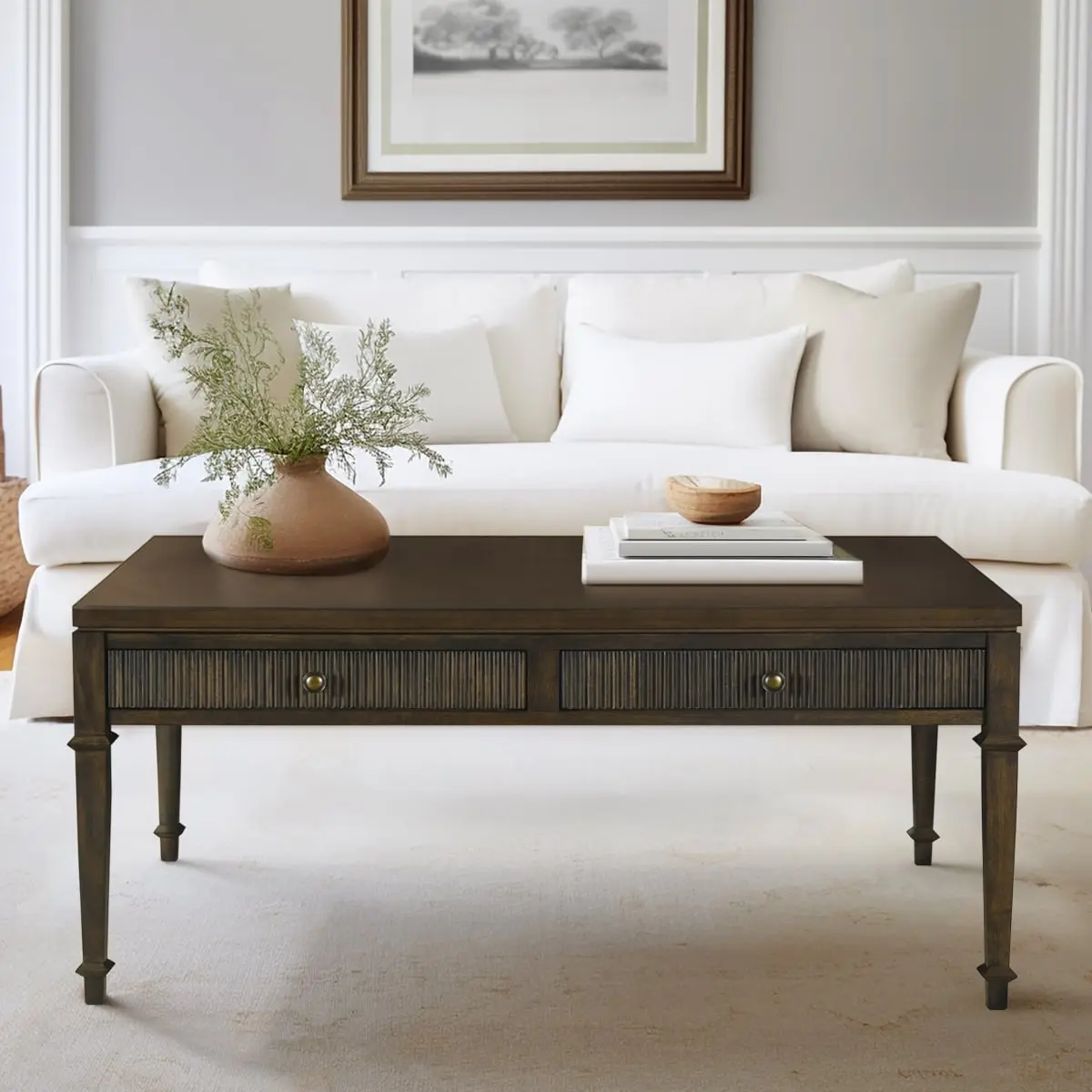 Martha Stewart MT120-1192 Kenna Fluted 2-Drawer Solid Wood Storage Coffee Table, 44x23.75x18 in, Brown, Antique-Inspired Classic Full-Sized Flat-Top Indoor Furniture Table, Antique-Inspired Coffee Tables