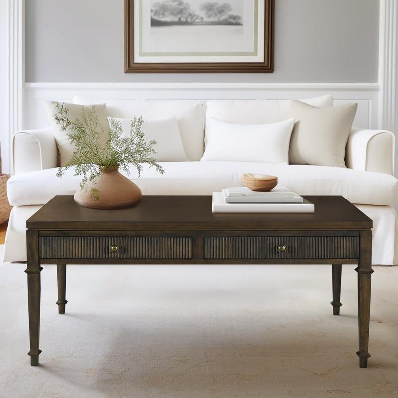 Martha Stewart MT120-1192 Kenna Fluted 2-Drawer Solid Wood Storage Coffee Table - Rectangular, 44"w x23.75"d x18"h, Dark Finish, Antique-Inspired, Fluted Face, 85lbs, Assembly Required, Solid Wood Table for Indoor Living Room Living Space Furniture