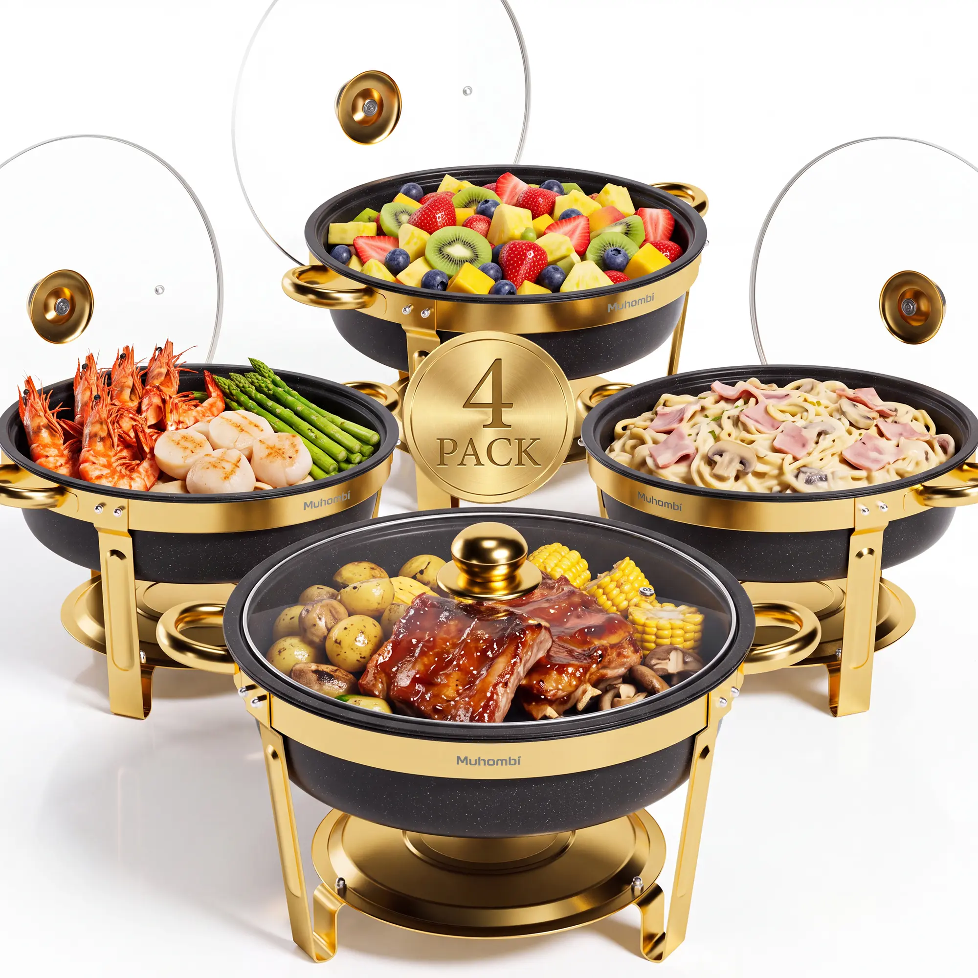7QT Maifan Stone Nonstick Chafing Dish Buffet Set (2 or 4 Pack) with Glass Lids & Stone Base, Food Warmer Buffet Server for Parties/Weddings, Catering Kitchenware