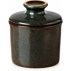 Pottery Butter Dish with Lid for Countertop, Rustic French Butter Crock with Water Line, Ceramic Butter Keeper Keeps Butter Soft & Spreadable at Room Temperature, 6.5 oz, Greenish Brown