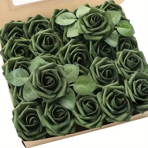 50pcs Artificial Rose Flowers Real Looking Emerald Green Foam Roses with Stems for DIY Wedding Bouquets Bridal Shower Centerpieces Floral Arrangements Party Tables Home Decorations