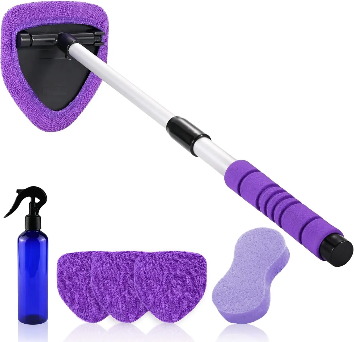 XINDELL Interior Windshield Cleaner Tool, 24-in Extendable Handle Car Glass Cleaner with Microfiber Pads, for SUV, Truck Slanted Windshields & Hard-to-Reach Areas