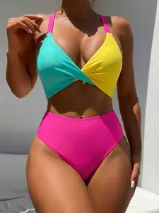 Women's Colorblock Criss Cross Twist Tie Back One-piece Swimsuit, Color Block Swimsuits, Casual Cut Out Sleeveless Swimwear for Beach Holiday Vacation, Ladies Swimsuit for All Seasons, Swimsuit Beachwear