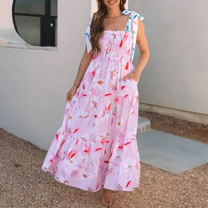 MULLVEIG Women's Floral Sleeveless Knotted Shoulder Smocked Spaghetti Strap Maxi Dress - A Line Flowy Tiered Easter Boho Summer Beach Elastic Waist Comfort Womenswear