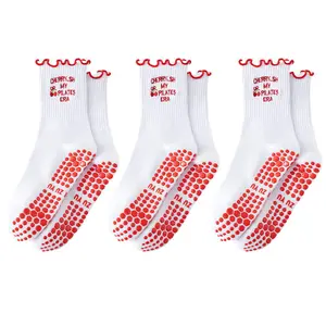 Women's Stylish Non-Slip Ankle Socks with Cherry Patterns for Running Pilates Yoga Dance Assorted Colors Grippy Cotton Crew