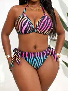 Plus Size Women's Tropical Zebra Print Halter Tie Bikini Set, Colorful Beachwear for Music Festivals and Parties, Two-Piece Swimsuit