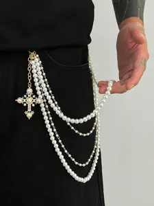 1pc Vintage Punk Style Multi-Layer Layered Pearl Waist Chain, Artificial Crystal Cross Pendant, Men's Fashion Accessory, Body Jewelry, Creative Birthday Gift for Boyfriend