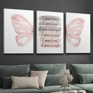 Three-piece wooden frame canvas decoration, watercolor butterfly pattern, pink butterfly wings, minimalist style interior wall art