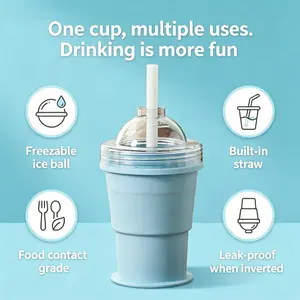 Collapsible Ice Ball Cup with Straw, 2-in-1 Food-Grade Silicone Ice Mold, Large Spherical Ice Cube Maker for Whiskey & Summer Drinks