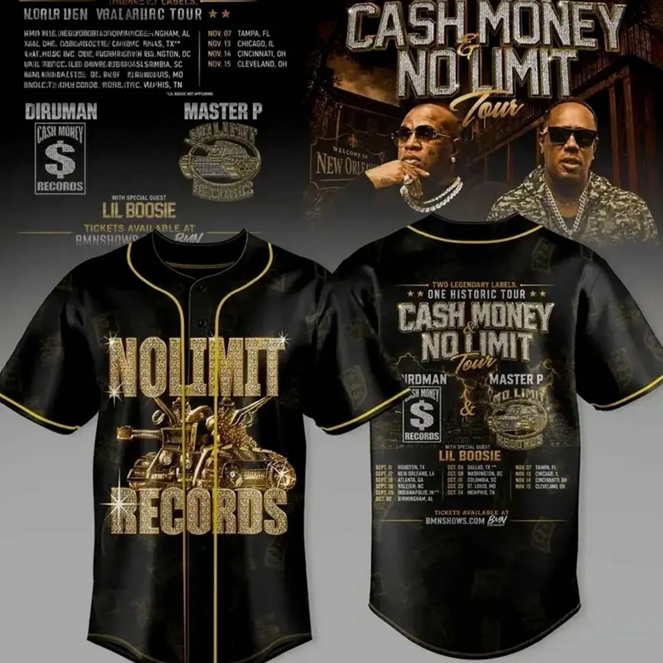Birdman & Master P Hip Hop Tour Baseball Jersey, Cash Money No Limit Graphic Shirt, Rap Concert Fan Apparel, Vintage Streetwear Button-Up, Unisex Music Festival Outfit Gift