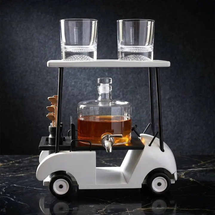 Back Nine Golf Cart Whiskey Decanter Dispenser Set w/ Golf Ball Bottom Glasses