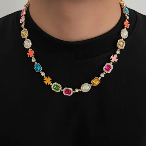 Sweet Cool Colorful Gemstone Necklace Bracelet Set, Cross Element Contrast, Y2K Fashion Jewelry, Trendy Jewelry Set, Fashionable Jewelry Set, Festival Party Accessory, Matching Jewelry Set