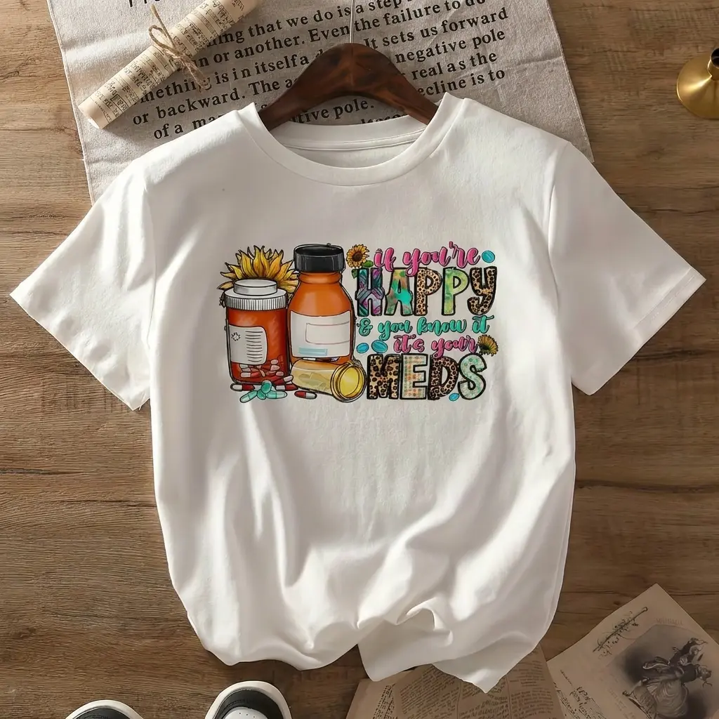 Funny "Happy Meds" Graphic Tee - Cute Short Sleeve T-Shirt for Women, Flattering Tops & Casual Summer Outfits, Shortsleeve, Breathable, Fabric, Piece