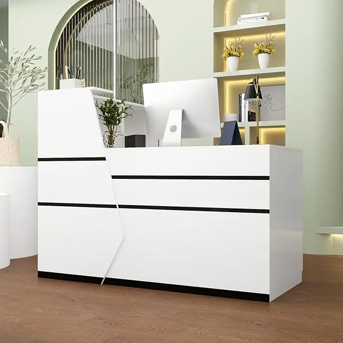 FUFU&GAGA L-Shaped Reception Desk for Retail & Checkout, Modern Front Counter Table with Black Tapes for Office Lobby, White (55.1"W x 39.4"D x 43.3"H), L-Shape Desks & Workstations, Modern Style Desks & Workstations