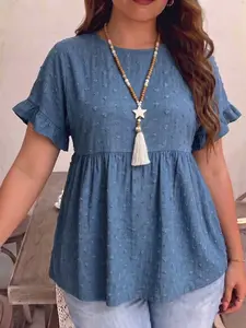 Plus Size Women's New Short Sleeve Shirt Blouse, A-Line Pure Color Textured Fabric, Fashion Casual Design, Comfortable and Stylish Top
