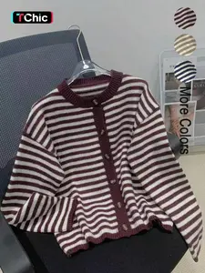 Autumn Winter Casual Striped Knit Cardigan Sweater, Oversized Fit Colorblock Design, Round Neck Button Front Style, Knitwear