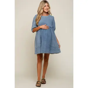 Blue Faded Denim Chambray Maternity Mini Dress