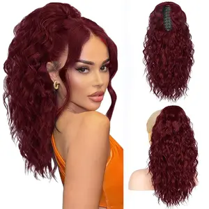18 Inch Water Wave Clip in Ponytail Hair Extensions Medium-Length Fluffy Curly Claw Ponytail for Women Synthetic Wave Horse Tail Hairpiece Daily Use