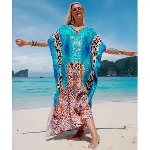 Women's Plus Size Chic V-Neck Half-Sleeve Boho Batwing Casual Viscose Mumu Dress - Side Slits, Evening Long Nightgown & Beach Cover Up - Blue Coffee Leopard - A8