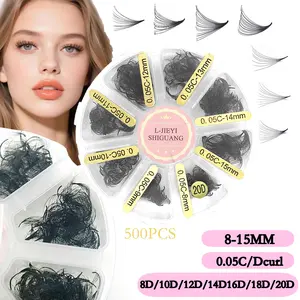 Premade Fans Eyelash Extension, 500 Fans Handmade, Mixed Lengths 8-15mm, 8D/10D/12D/14D/16D, 0.05mm Thickness, C/D Curl, Thin Pointy Base Russian Fans Ready Volume, Easy to carry, Natural Look Lashes, Soft, Party and Travel, false eyelashes