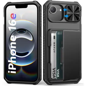 For Iphone 16E Case Wallet, Built-In Card Holder (4-5 Cards), RFID Block, Slide Camera Cover, Military Drop Protection, Rugged Heavy Duty Men Women Protective Phone Case for Iphone 16E, Black BXYJY
