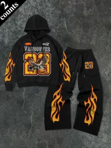 Men's Fall Winter Hoodie Set, Flame Eagle Print, Street Style, Casual Fashion, Loose Fit, All-Season Comfort