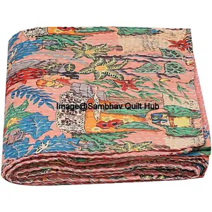 Floral Printed Cotton Quilted Blanket Indian Handmade Kantha Work Bohemian Bedspread Throw Blanket for Bed Decor Twin/King/Queen 60X90 inches