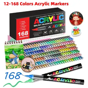 12-168 Color Acrylic Marker Set, Art Markers Set, Liquid Flow Markers with Brush Tips, Professional Painting Markers for Wood, Rock, Canvas, Glass, Ceramic, DIY Crafts, Adult Coloring, Acrylic Marker Pens