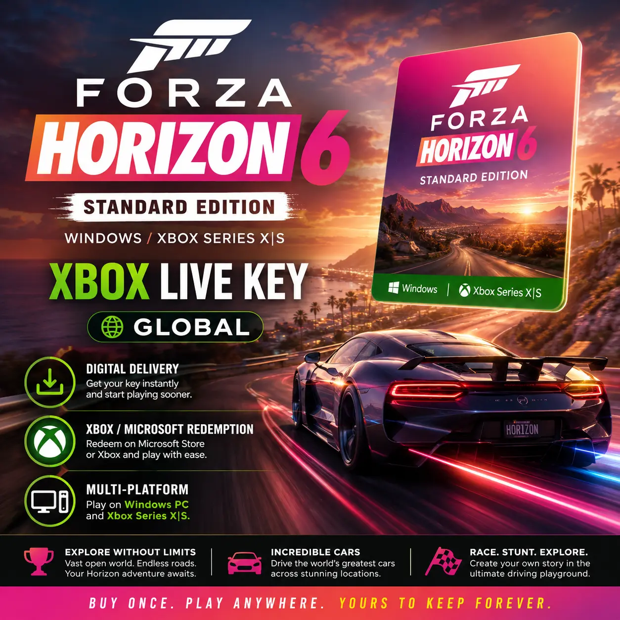 Forza Horizon 6 Standard Edition Digital Game Code - Xbox/PC Platforms, USA Region, Instant Email Delivery